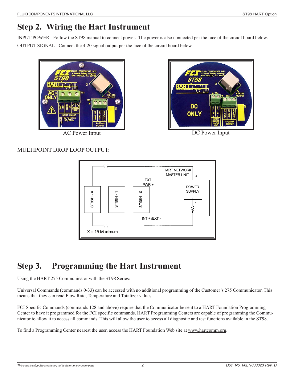 Step 2. wiring the hart instrument, Step 3. programming the hart instrument | Fluid Components International ST98 HART Option User Manual | Page 2 / 4