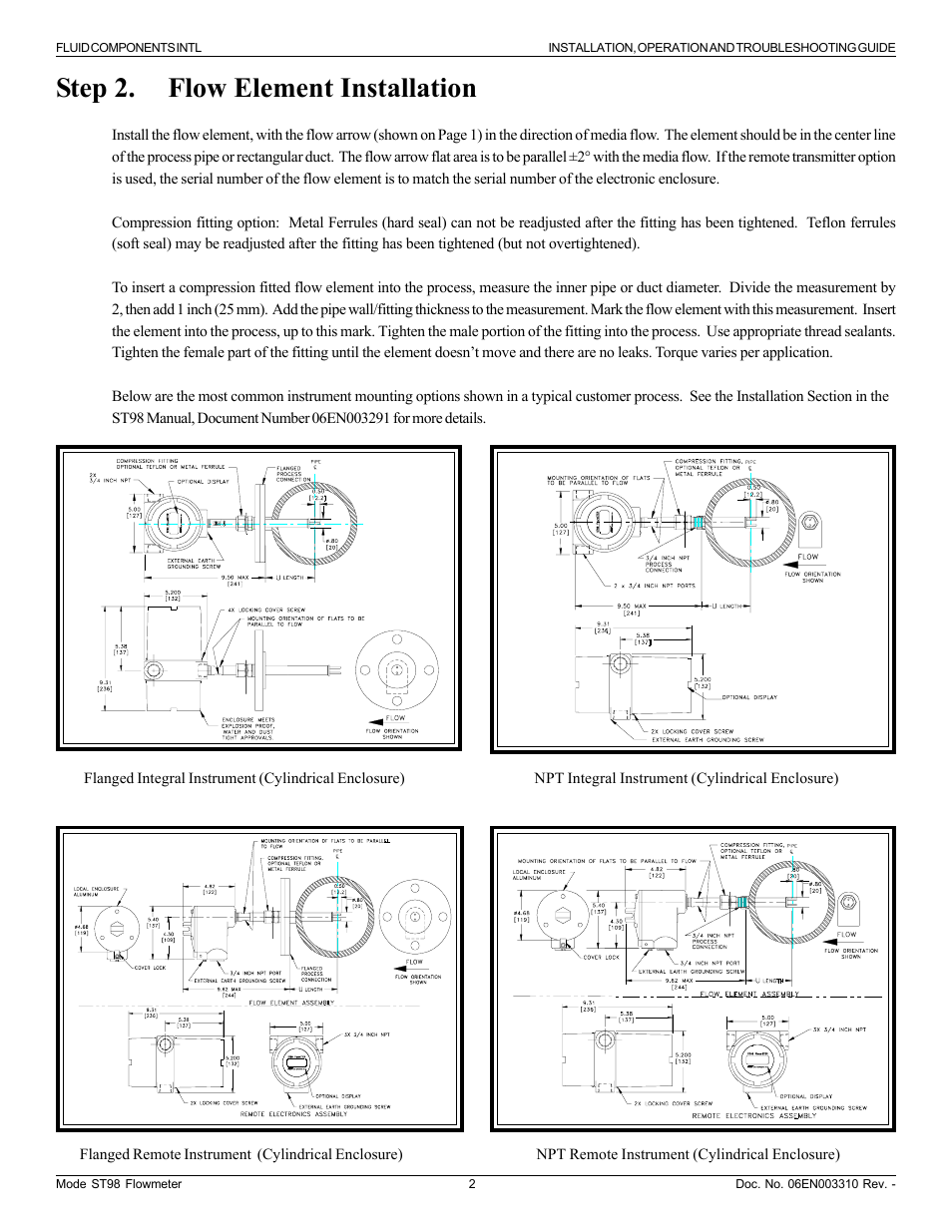 Step 2. flow element installation | Fluid Components International ST98_ST98L Guide User Manual | Page 2 / 8