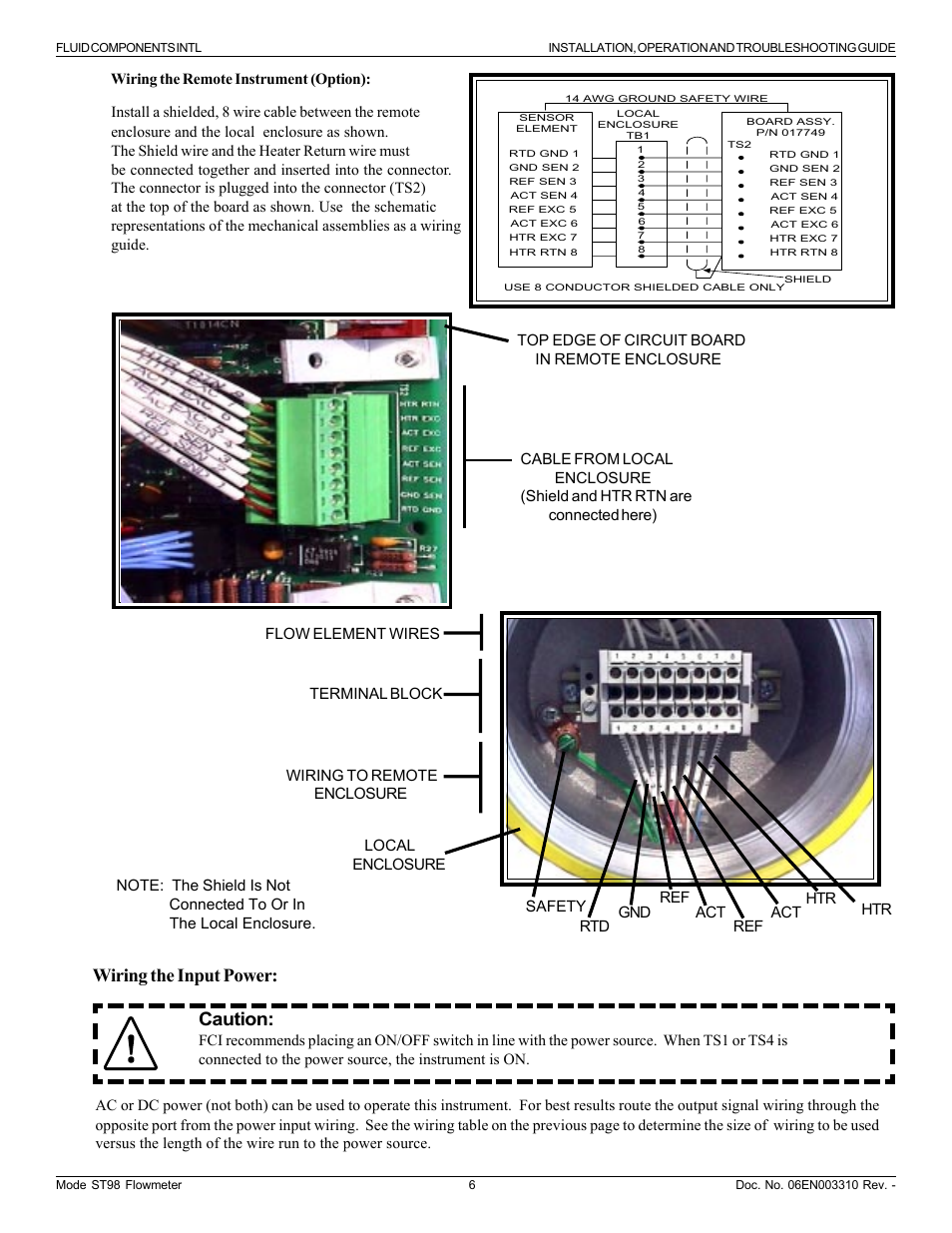 Wiring the input power: caution | Fluid Components International ST98_ST98L Guide User Manual | Page 6 / 8