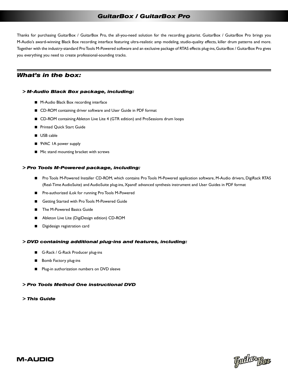 Guitarbox / guitarbox pro, What’s in the box | M-AUDIO GuitarBox User Manual | Page 2 / 3