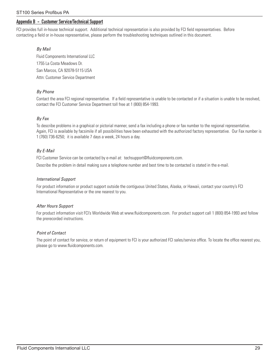 Appendix b - customer service/technical support | Fluid Components International ST100 Series PROFIBUS PA User Manual | Page 33 / 36