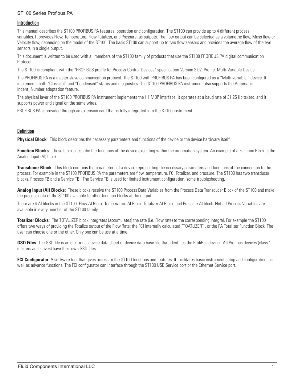 Introduction, Definition, Introduction definition | Fluid Components International ST100 Series PROFIBUS PA User Manual | Page 5 / 36