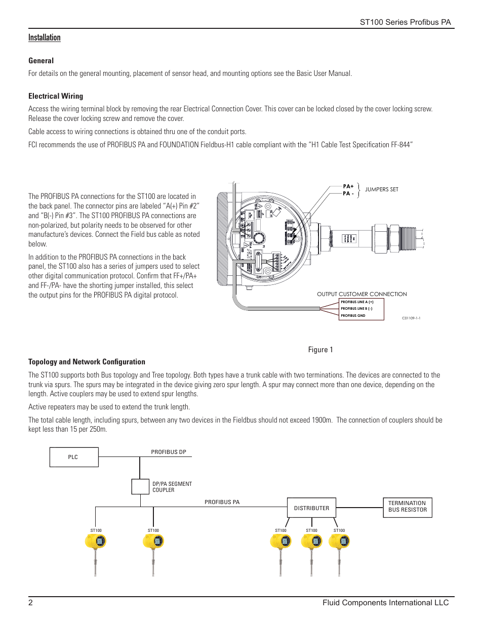 Installation, General, Electrical wiring | Topology and network configuration | Fluid Components International ST100 Series PROFIBUS PA User Manual | Page 6 / 36