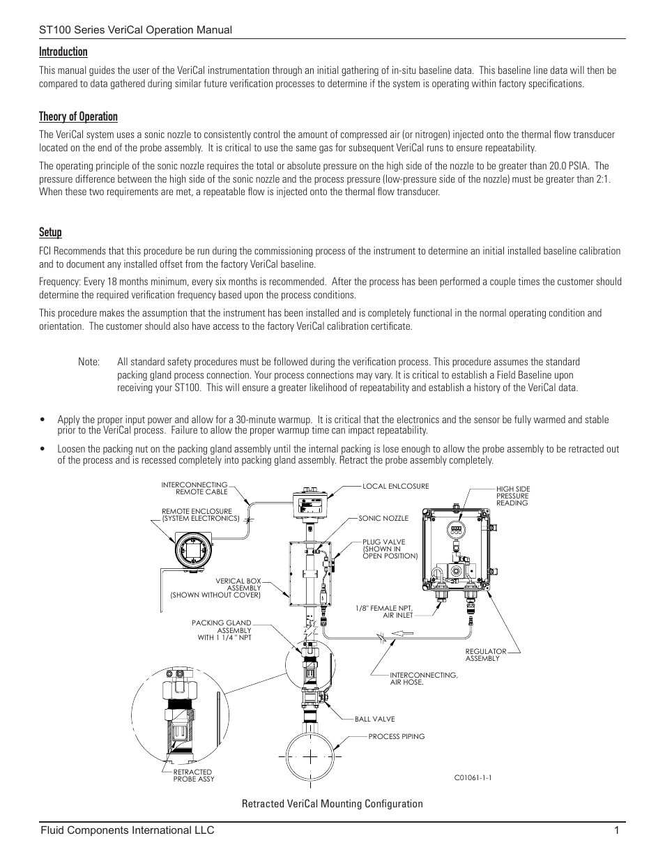 Introduction, Theory of operation, Setup | Fluid Components International ST110_ST112_STP110_STP112 VeriCal User Manual | Page 3 / 12