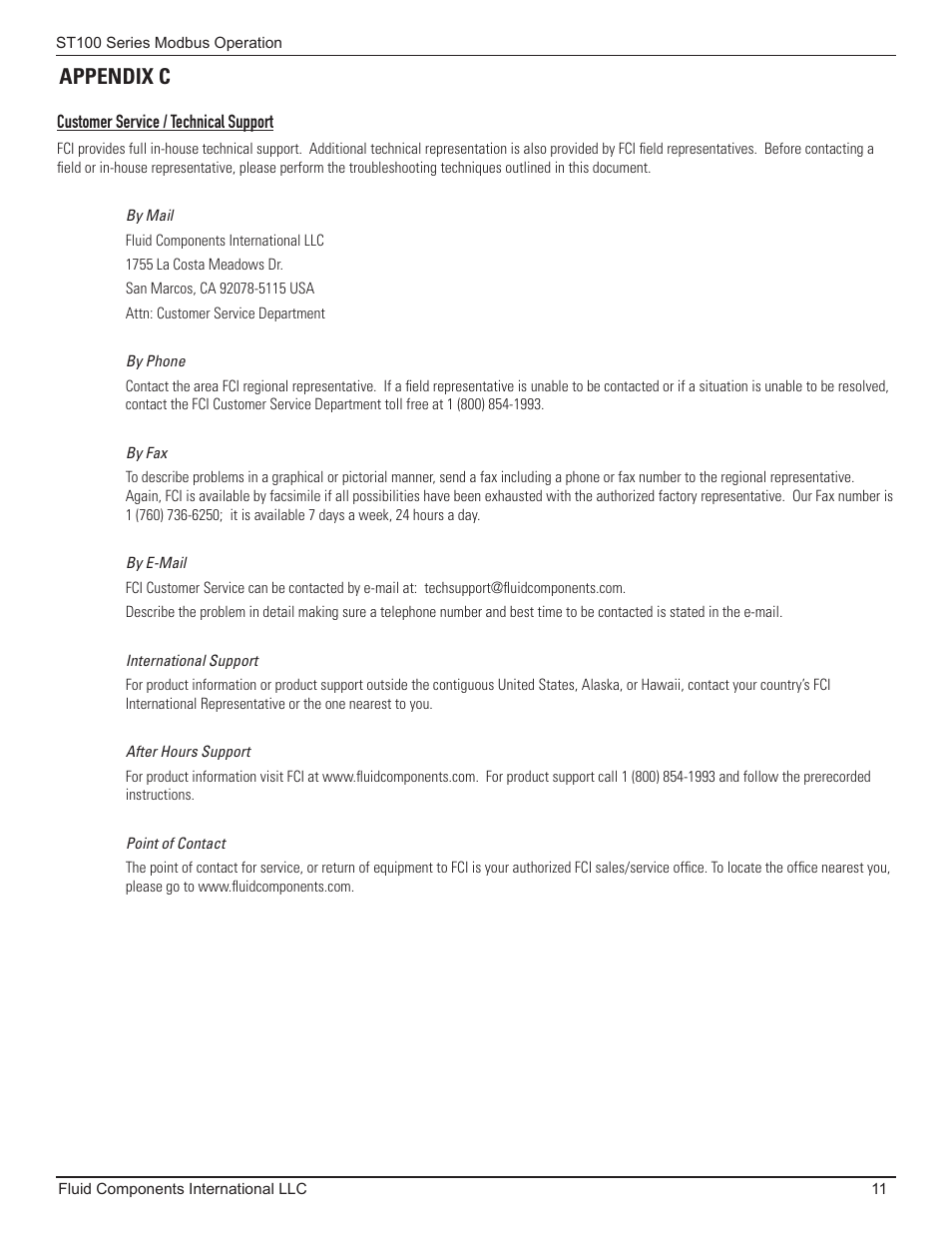 Appendix c, Customer service / technical support | Fluid Components International ST100 Series Modbus User Manual | Page 15 / 16