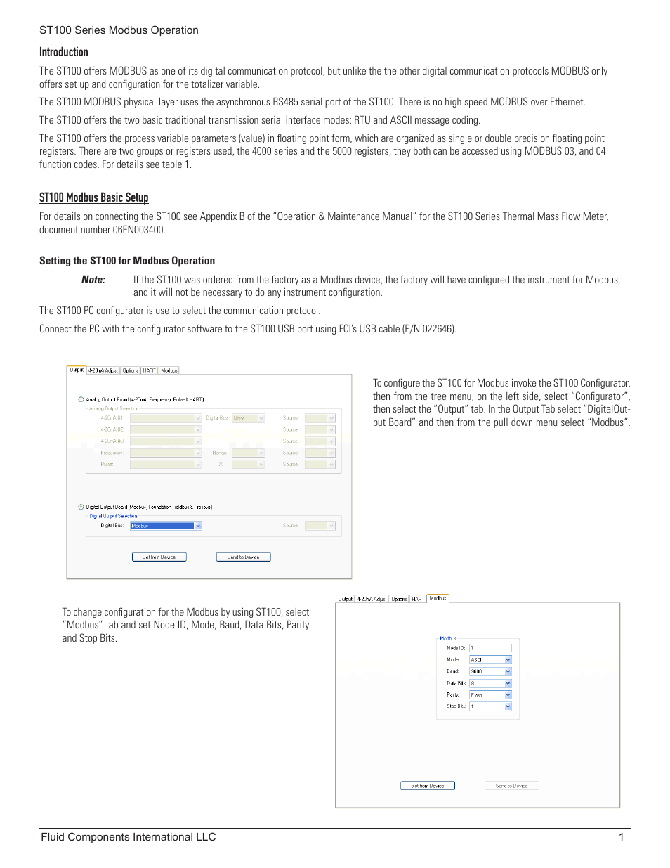 Introduction, St100 modbus basic setup, Setting the st100 for modbus operation | Introduction st100 modbus basic setup | Fluid Components International ST100 Series Modbus User Manual | Page 5 / 16