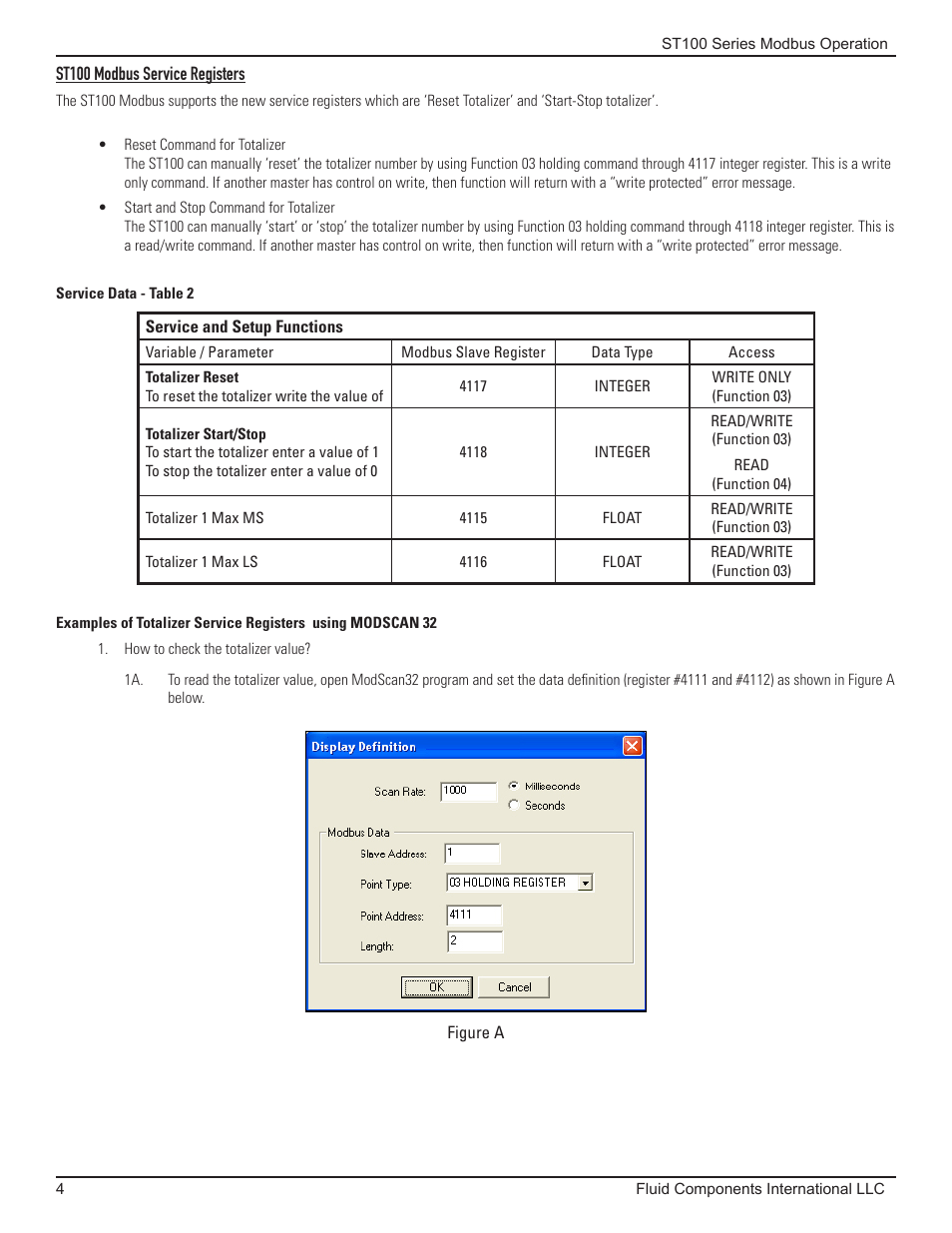 St100 modbus service registers, Service data - table 2 | Fluid Components International ST100 Series Modbus User Manual | Page 8 / 16