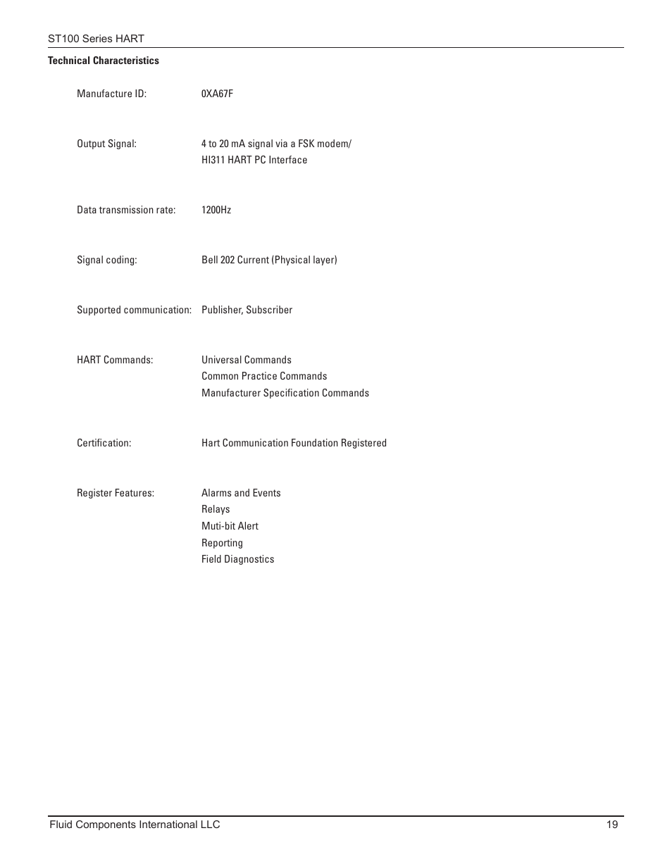 Technical characteristics | Fluid Components International ST100 Series HART User Manual | Page 23 / 28