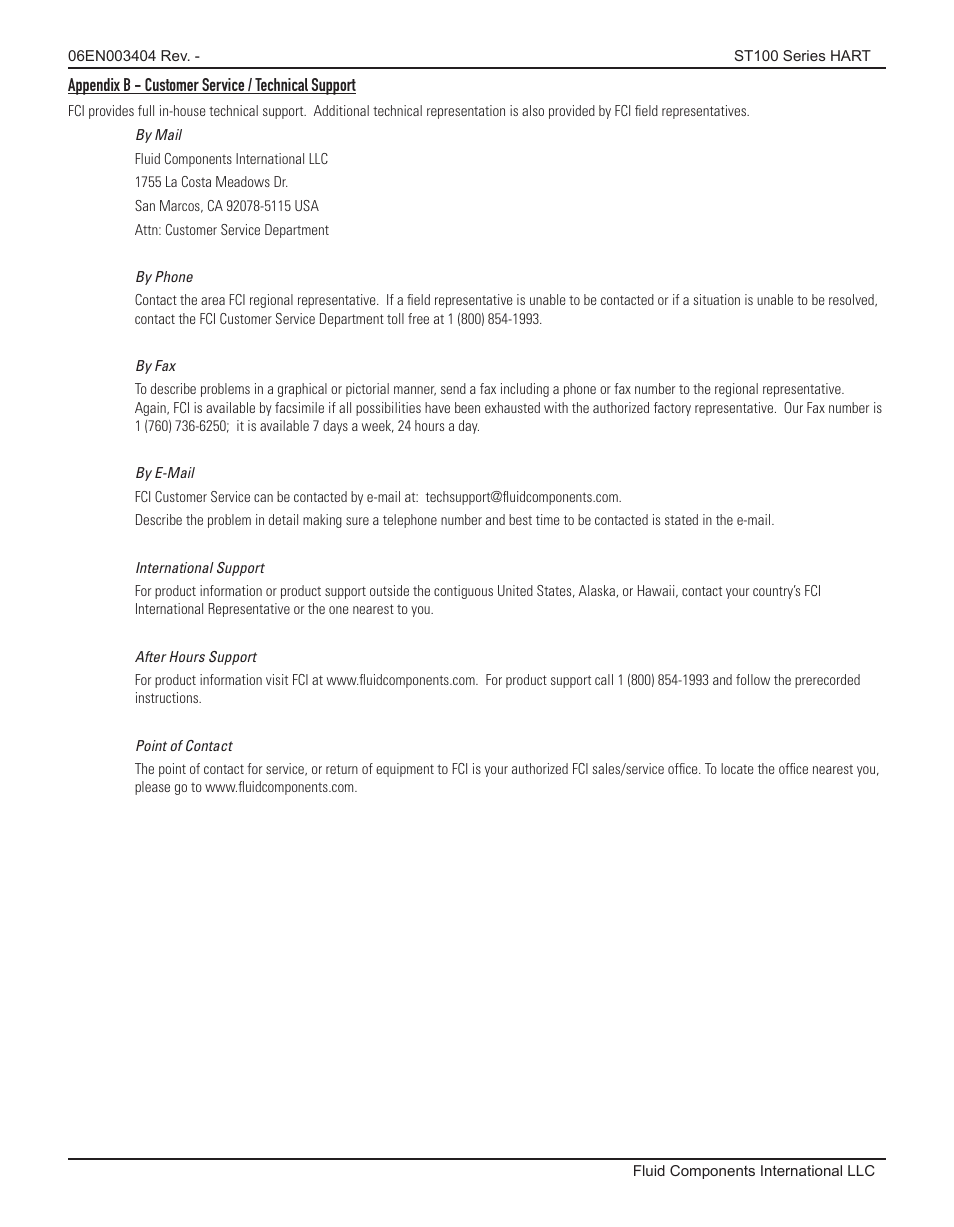 Appendix b - customer service / technical support | Fluid Components International ST100 Series HART User Manual | Page 27 / 28