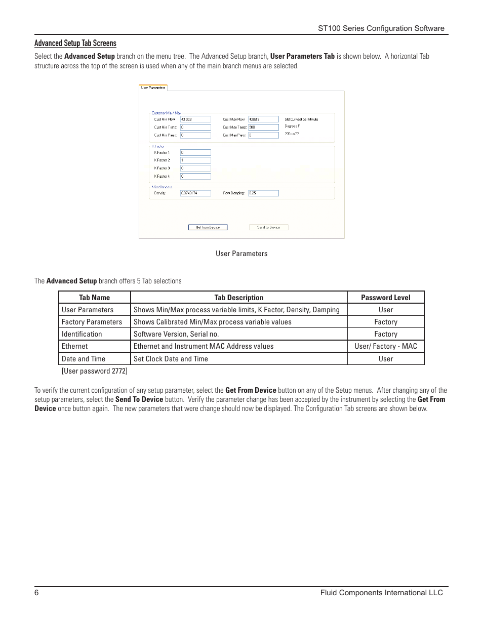 Advanced setup tab screens, User parameters | Fluid Components International ST100 Series Configuration Software User Manual | Page 10 / 20