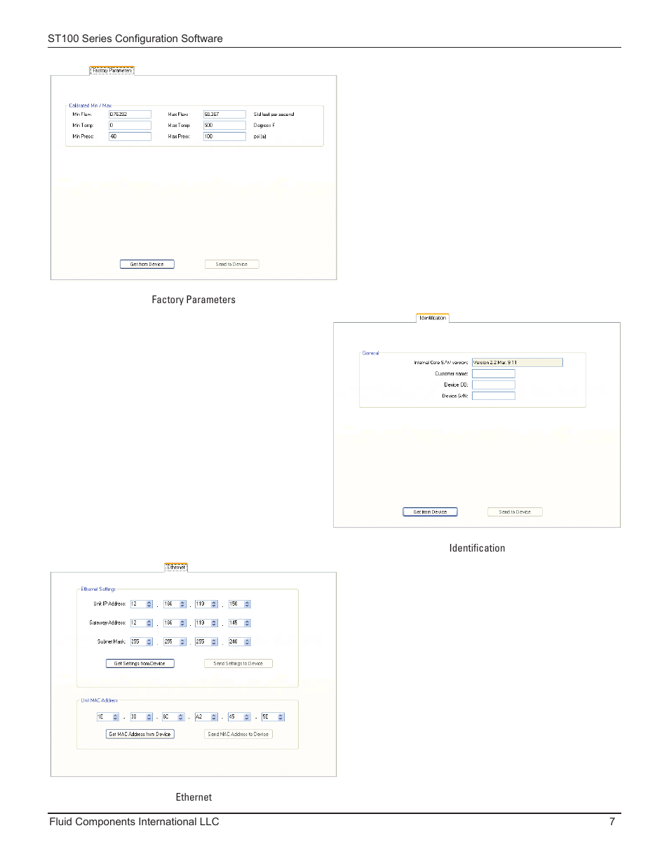Factory parameters, Ethernet, Identification | Factory parameters ethernet identification | Fluid Components International ST100 Series Configuration Software User Manual | Page 11 / 20