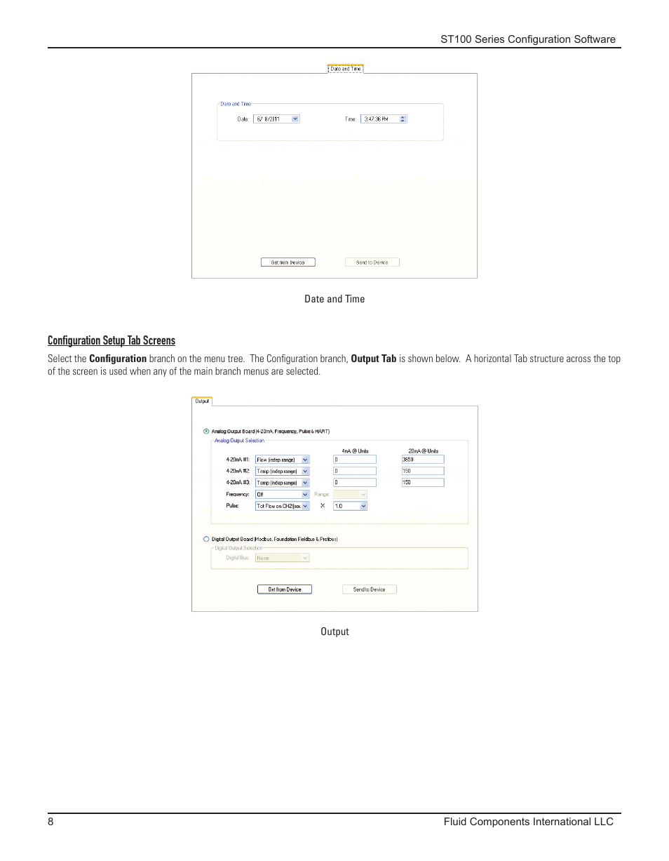Configuration setup tab screens, Date and time, Output | Date and time output | Fluid Components International ST100 Series Configuration Software User Manual | Page 12 / 20