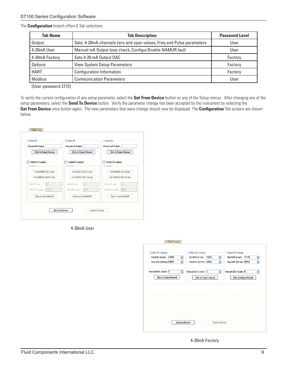 20ma user, 20ma factory, 20ma user 4-20ma factory | Fluid Components International ST100 Series Configuration Software User Manual | Page 13 / 20