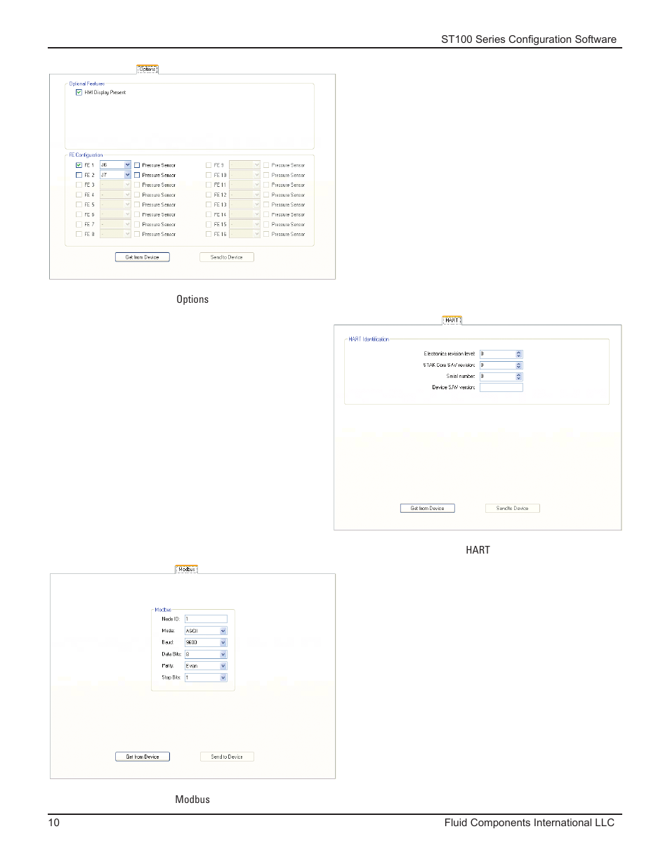 Options, Modbus, Hart | Options modbus hart | Fluid Components International ST100 Series Configuration Software User Manual | Page 14 / 20