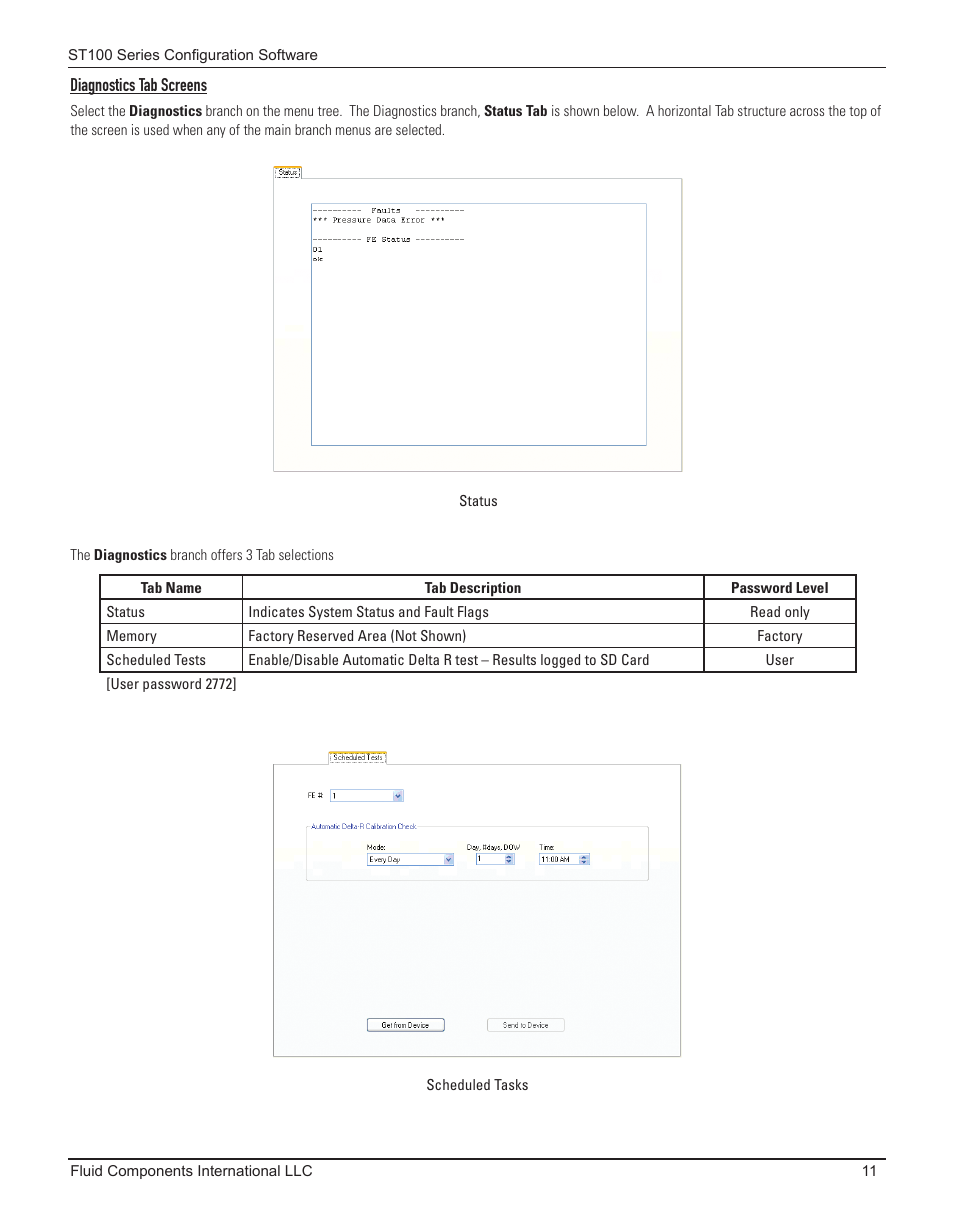 Diagnostics tab screens, Status, Scheduled tasks | Status scheduled tasks | Fluid Components International ST100 Series Configuration Software User Manual | Page 15 / 20
