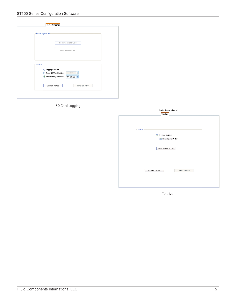 Sd card logging, Totalizer, Sd card logging totalizer | Fluid Components International ST100 Series Configuration Software User Manual | Page 9 / 20