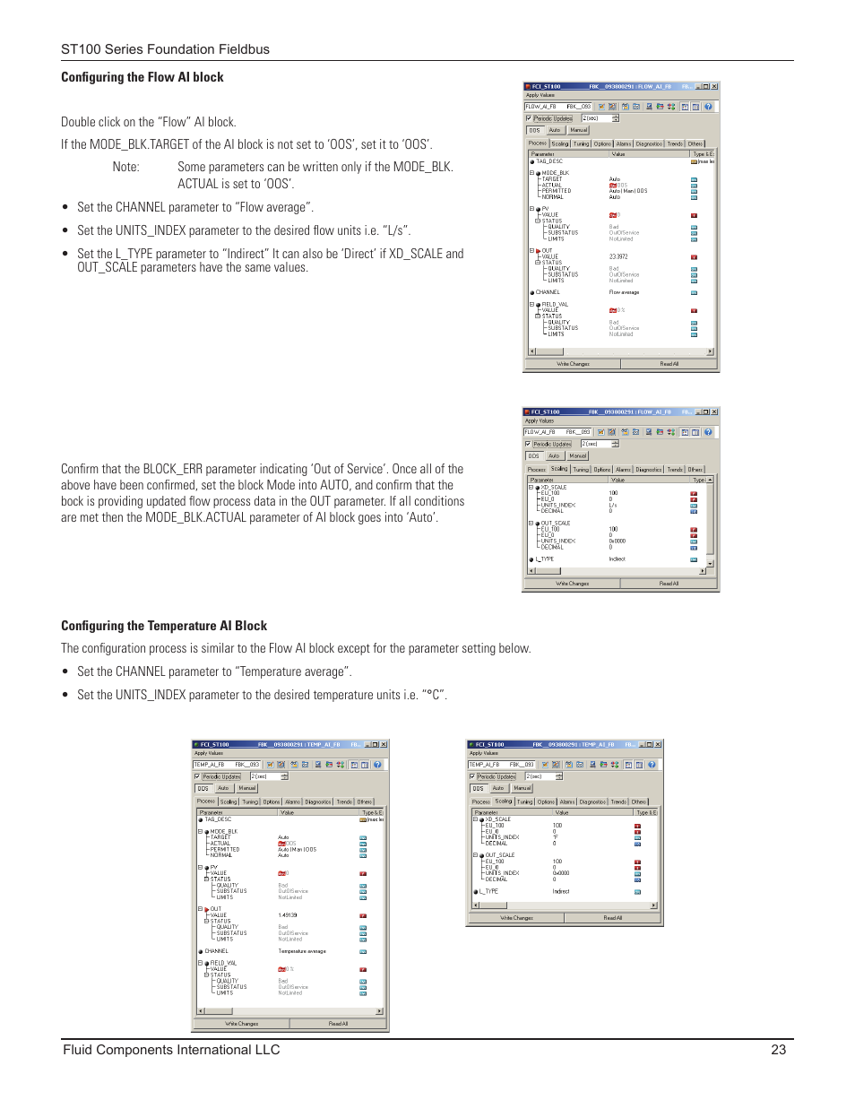 Configuring the flow ai block, Configuring the temperature ai block | Fluid Components International ST100 Series Foundation Fieldbus User Manual | Page 25 / 32