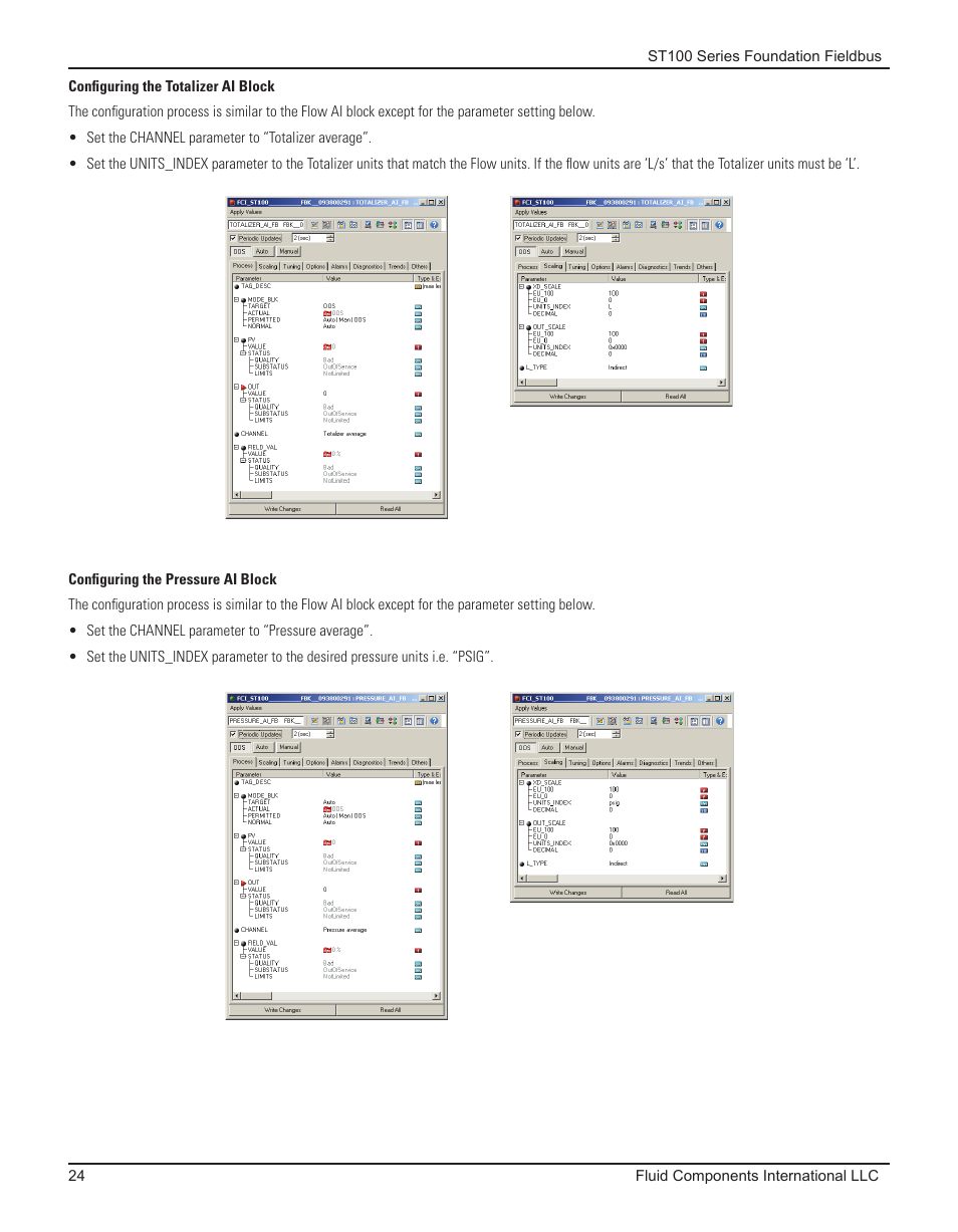 Configuring the totalizer ai block, Configuring the pressure ai block | Fluid Components International ST100 Series Foundation Fieldbus User Manual | Page 26 / 32