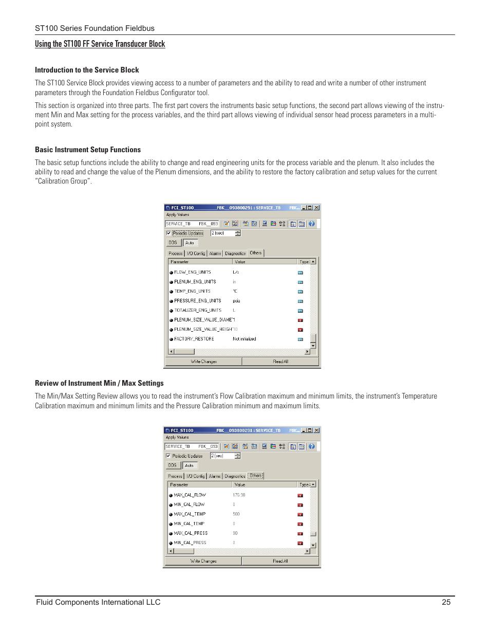 Using the st100 ff service transducer block, Introduction to the service block, Basic instrument setup functions | Review of instrument min / max settings | Fluid Components International ST100 Series Foundation Fieldbus User Manual | Page 27 / 32