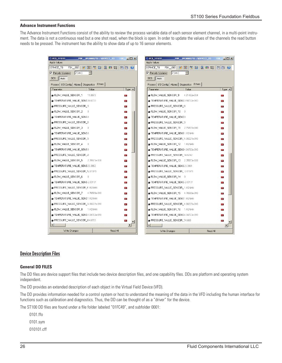 Advance instrument functions, Device description files, General dd files | Fluid Components International ST100 Series Foundation Fieldbus User Manual | Page 28 / 32