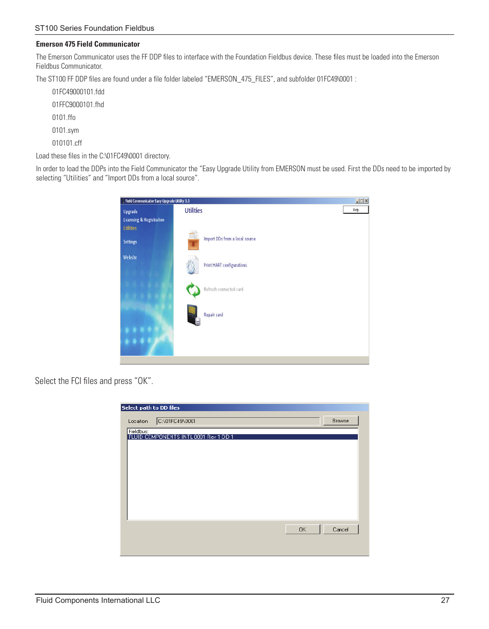 Emerson 475 field communicator | Fluid Components International ST100 Series Foundation Fieldbus User Manual | Page 29 / 32