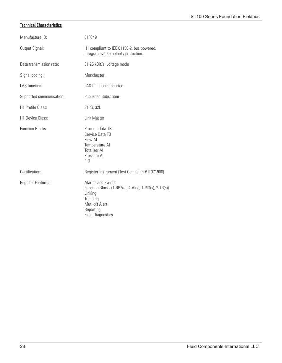 Technical characteristics | Fluid Components International ST100 Series Foundation Fieldbus User Manual | Page 30 / 32