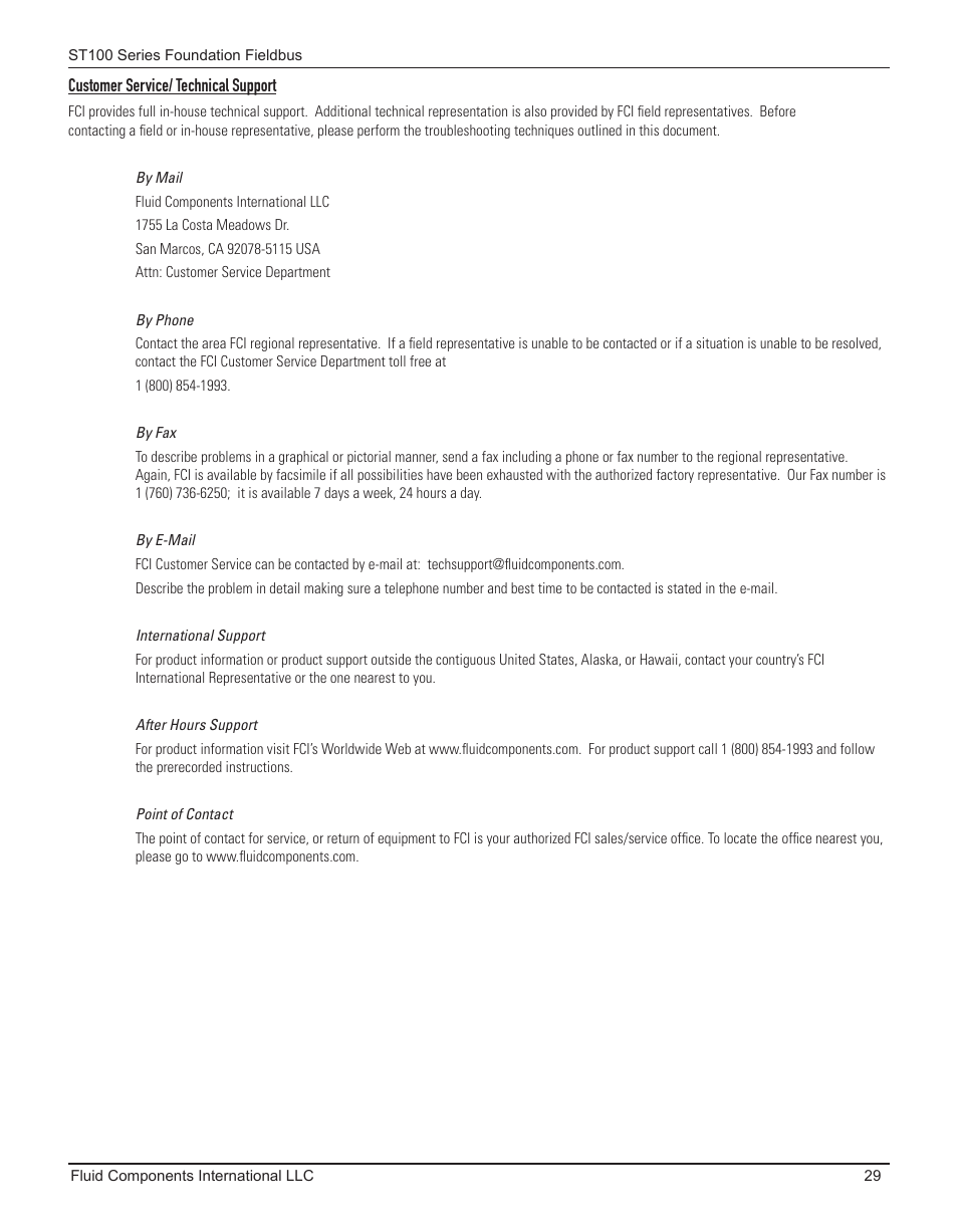 Customer service/ technical support | Fluid Components International ST100 Series Foundation Fieldbus User Manual | Page 31 / 32