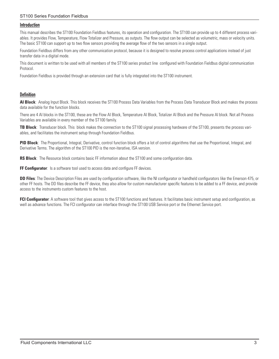 Introduction, Definition, Introduction definition | Fluid Components International ST100 Series Foundation Fieldbus User Manual | Page 5 / 32