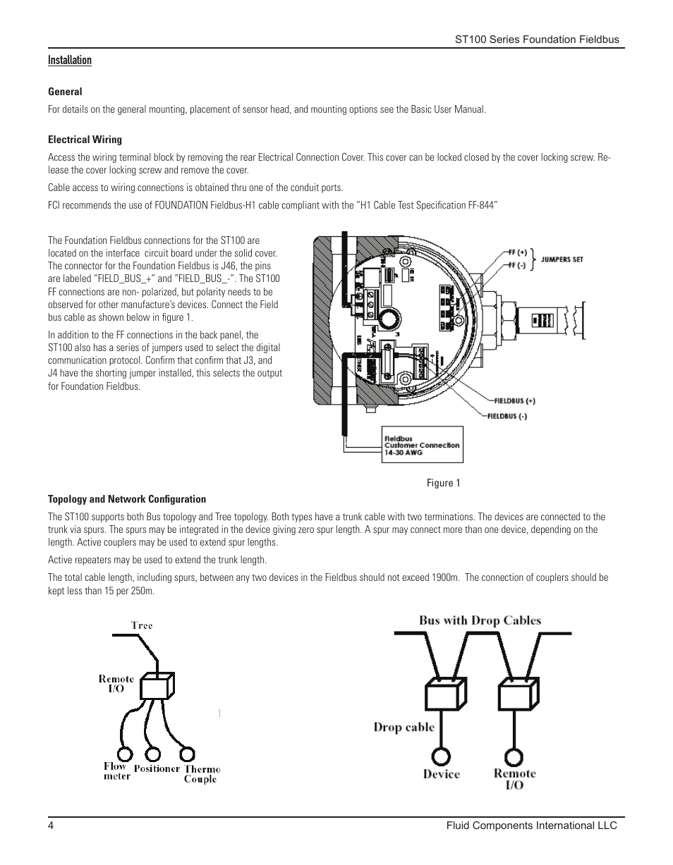Installation, General, Electrical wiring | Topology and network configuration | Fluid Components International ST100 Series Foundation Fieldbus User Manual | Page 6 / 32