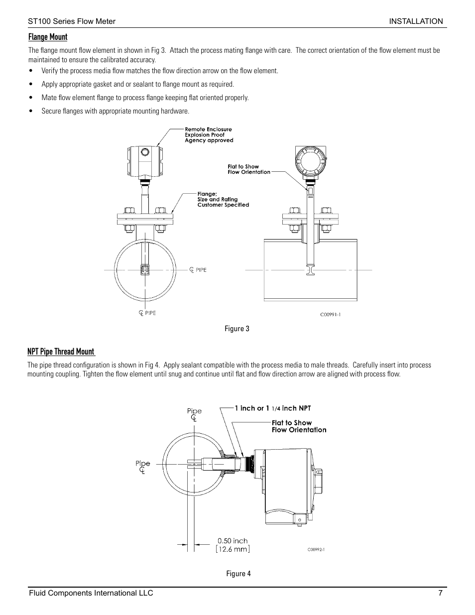 Flange mount, Npt pipe thread mount, Flange mount npt pipe thread mount | Fluid Components International ST100 Series User Manual | Page 11 / 64