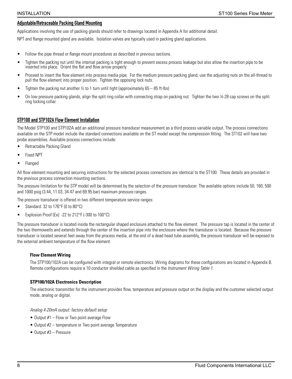 Adjustable/retraceable packing gland mounting, Stp100 and stp102a flow element installation, Flow element wiring | Stp100/102a electronics description | Fluid Components International ST100 Series User Manual | Page 12 / 64