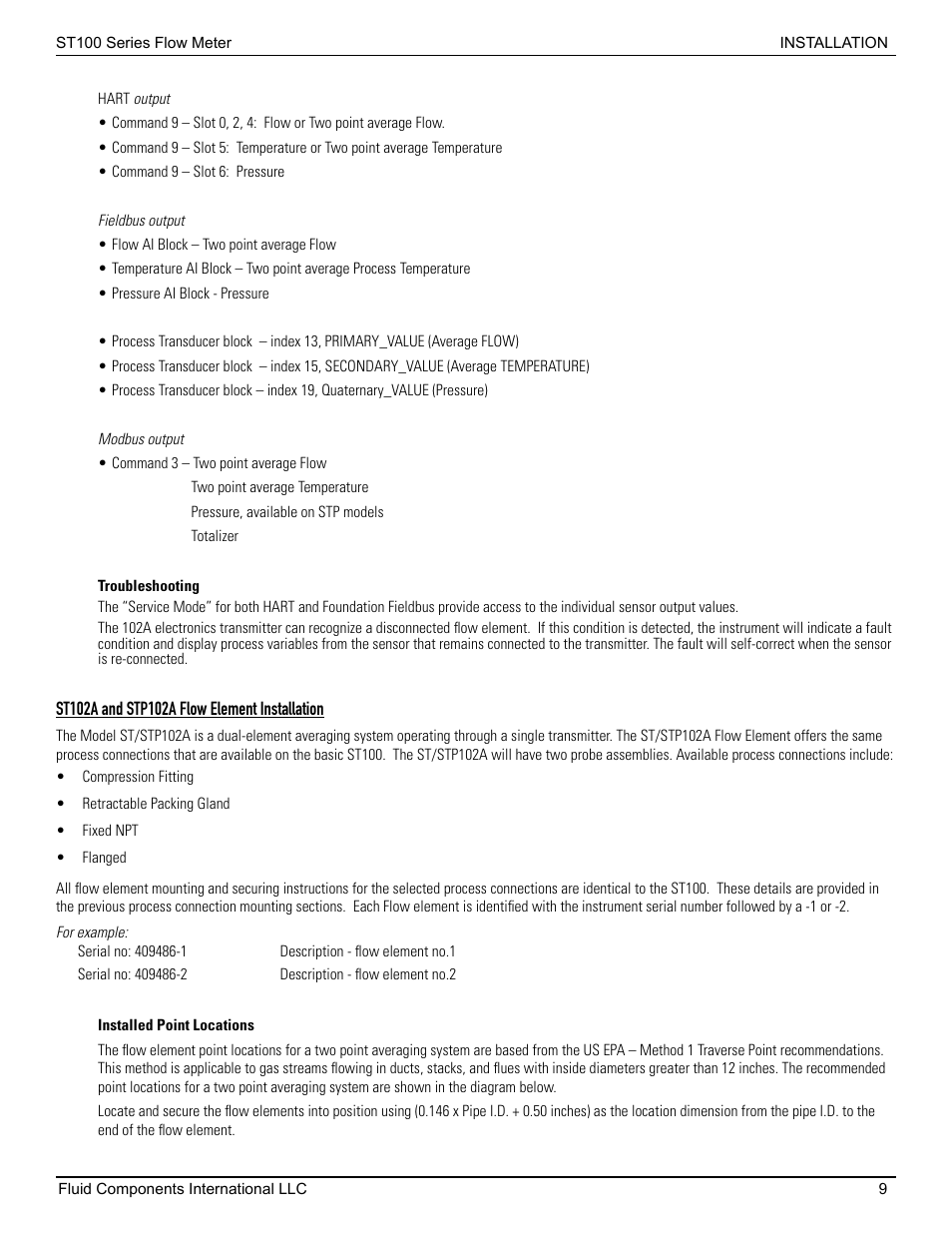 Troubleshooting, St102a and stp102a flow element installation, Installed point locations | Fluid Components International ST100 Series User Manual | Page 13 / 64