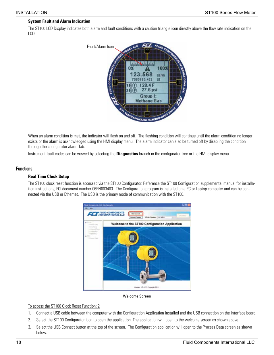 System fault and alarm indication, Functions, Real time clock setup | Fluid Components International ST100 Series User Manual | Page 22 / 64