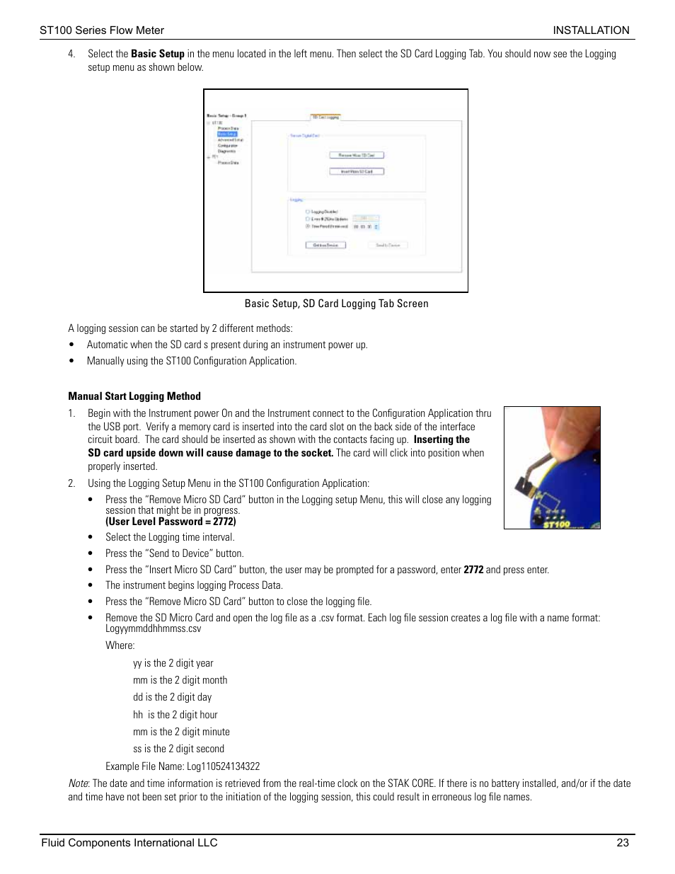 Manual start logging method | Fluid Components International ST100 Series User Manual | Page 27 / 64