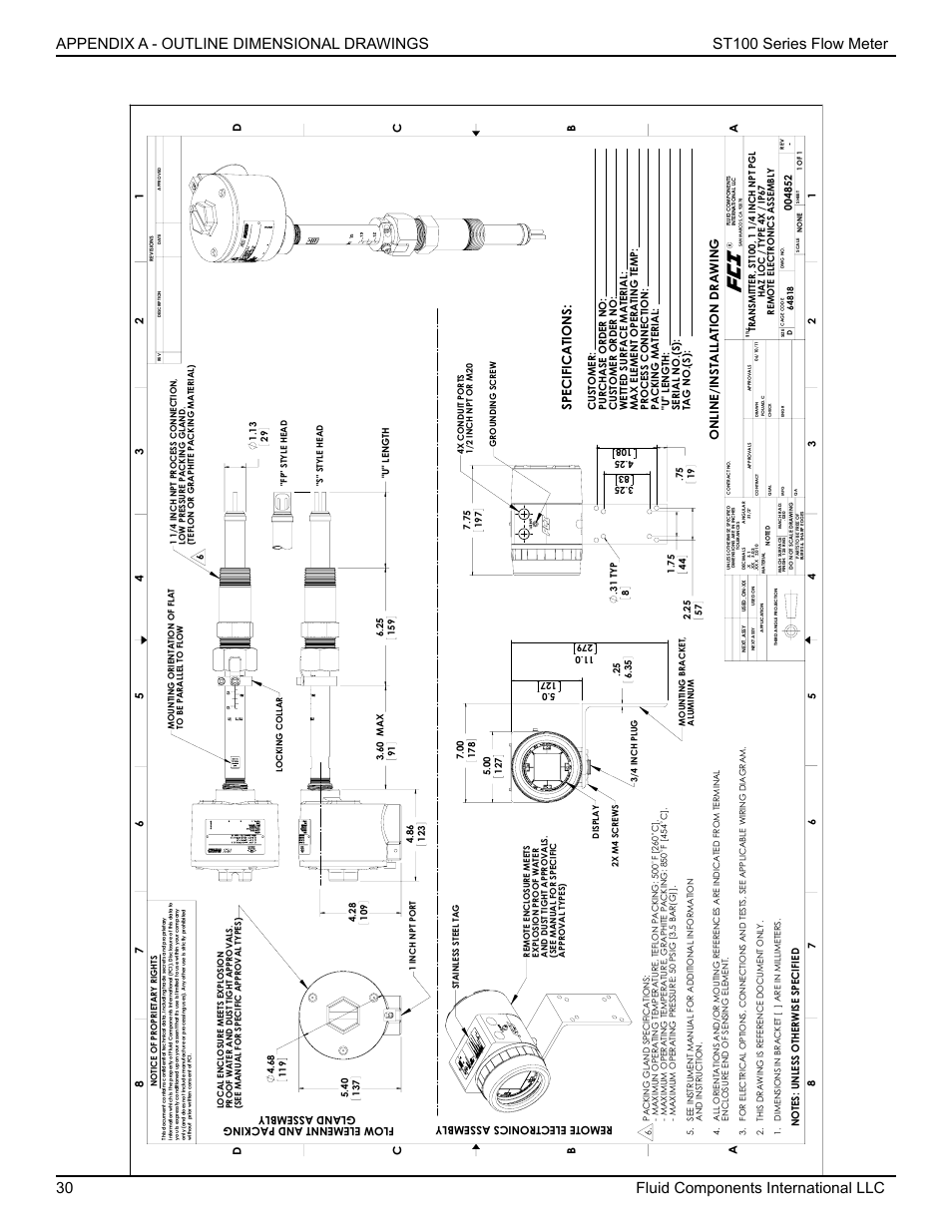 Specifications, Online/installation drawing | Fluid Components International ST100 Series User Manual | Page 34 / 64