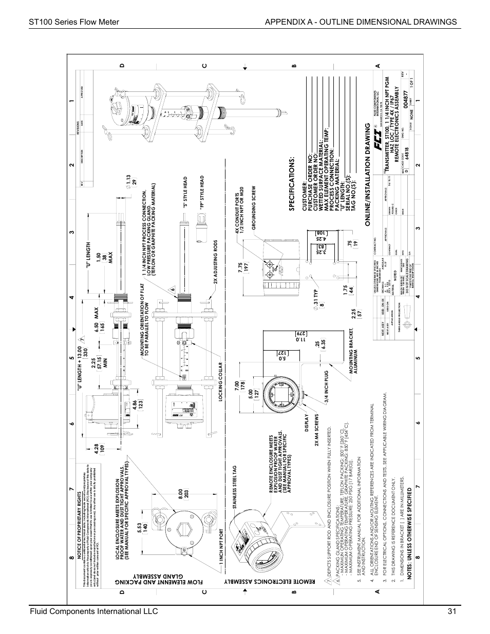 Specifications, Online/installation drawing | Fluid Components International ST100 Series User Manual | Page 35 / 64