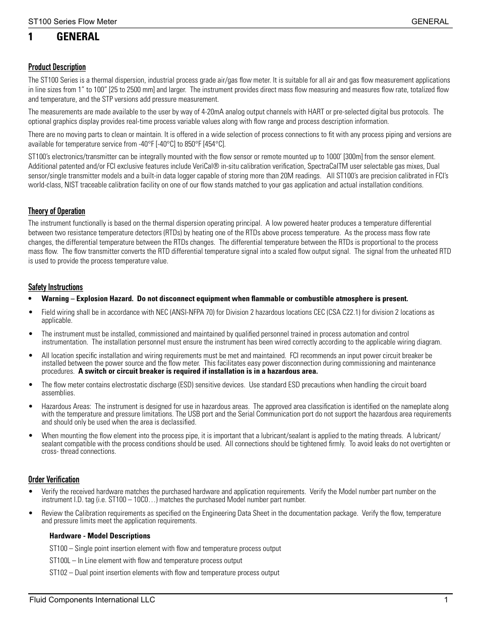 1 general, Product description, Theory of operation | Safety instructions, Order verification, Hardware - model descriptions | Fluid Components International ST100 Series User Manual | Page 5 / 64