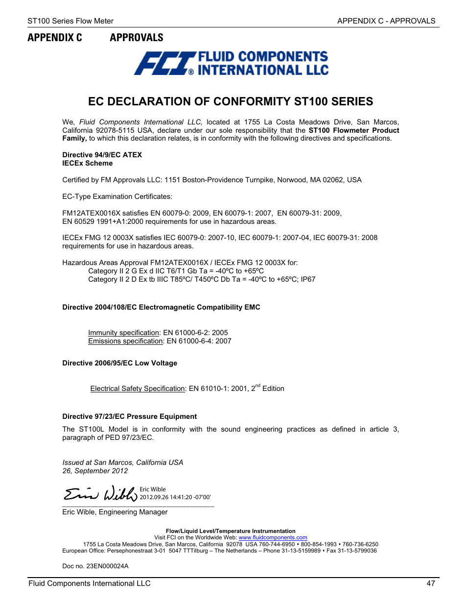 Appendix c approvals, Ec declaration of conformity st100 series | Fluid Components International ST100 Series User Manual | Page 51 / 64