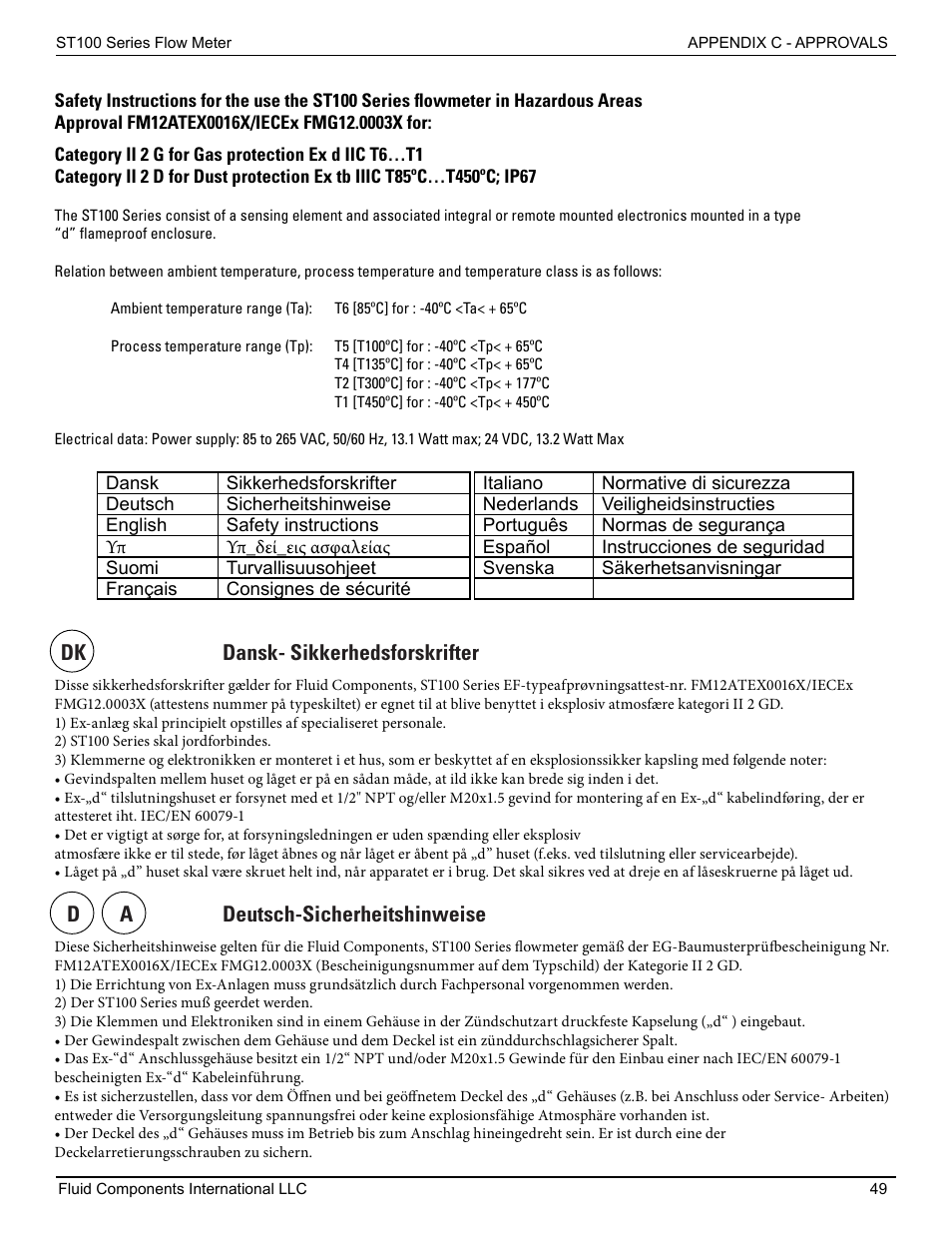 Dk dansk- sikkerhedsforskrifter, Da deutsch-sicherheitshinweise | Fluid Components International ST100 Series User Manual | Page 53 / 64