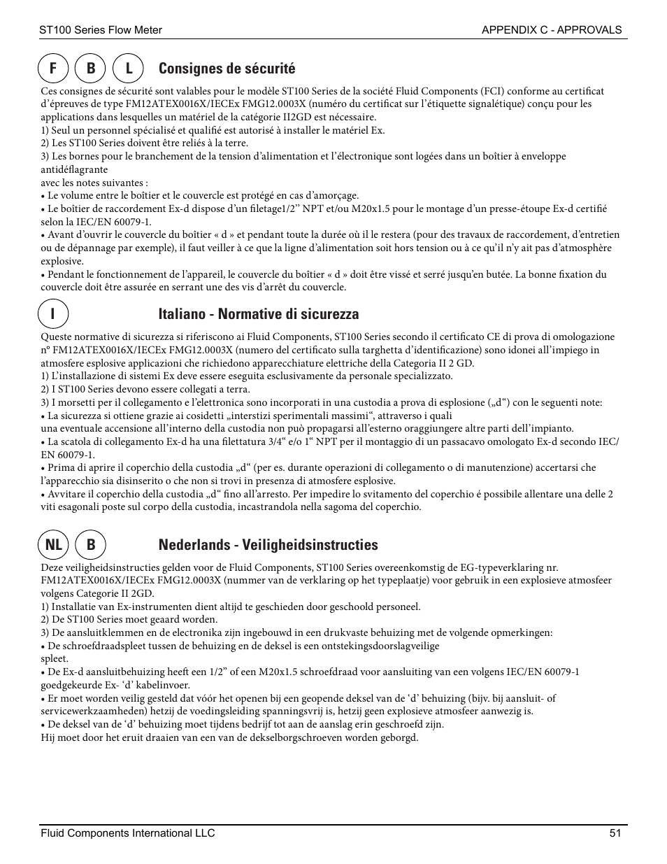 Fb l consignes de sécurité, Iitaliano - normative di sicurezza, Nl b nederlands - veiligheidsinstructies | Fluid Components International ST100 Series User Manual | Page 55 / 64