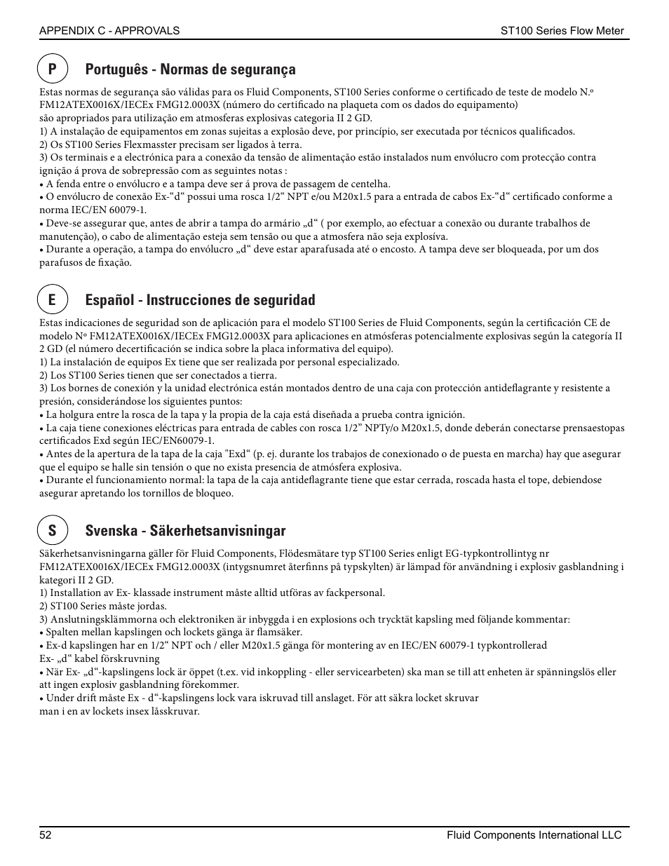 Pportuguês - normas de segurança, Eespañol - instrucciones de seguridad, Ssvenska - säkerhetsanvisningar | Fluid Components International ST100 Series User Manual | Page 56 / 64