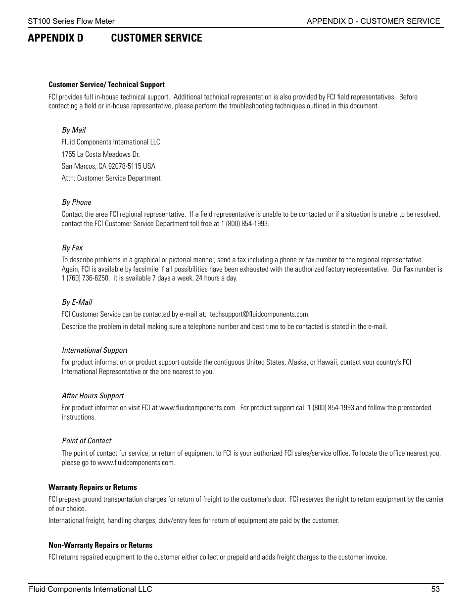 Appendix d customer service, Customer service/ technical support, Warranty repairs or returns | Non-warranty repairs or returns | Fluid Components International ST100 Series User Manual | Page 57 / 64