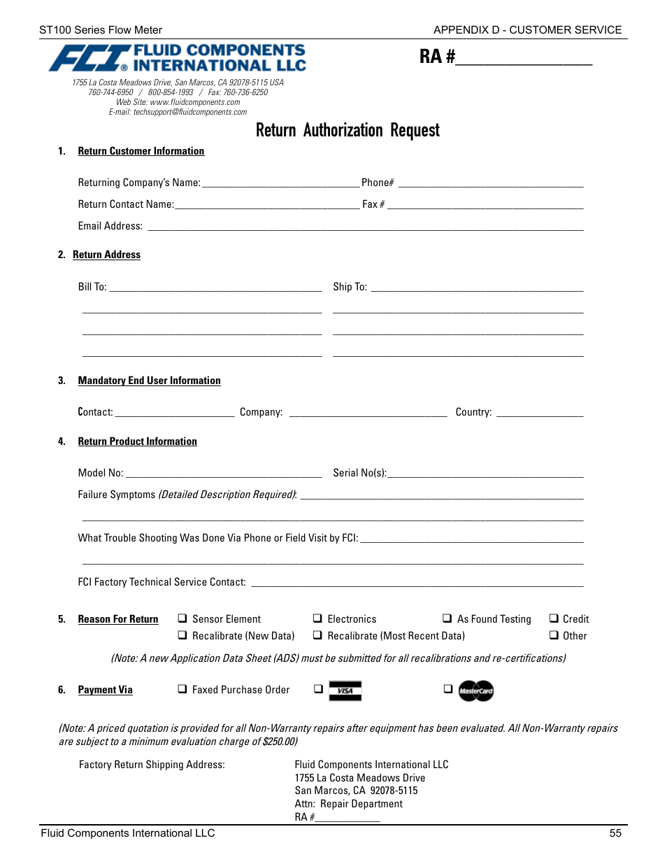 Return authorization request | Fluid Components International ST100 Series User Manual | Page 59 / 64