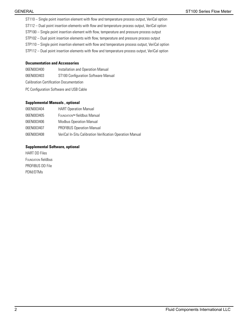 Documentation and accessories, Supplemental manuals , optional, Supplemental software, optional | Fluid Components International ST100 Series User Manual | Page 6 / 64