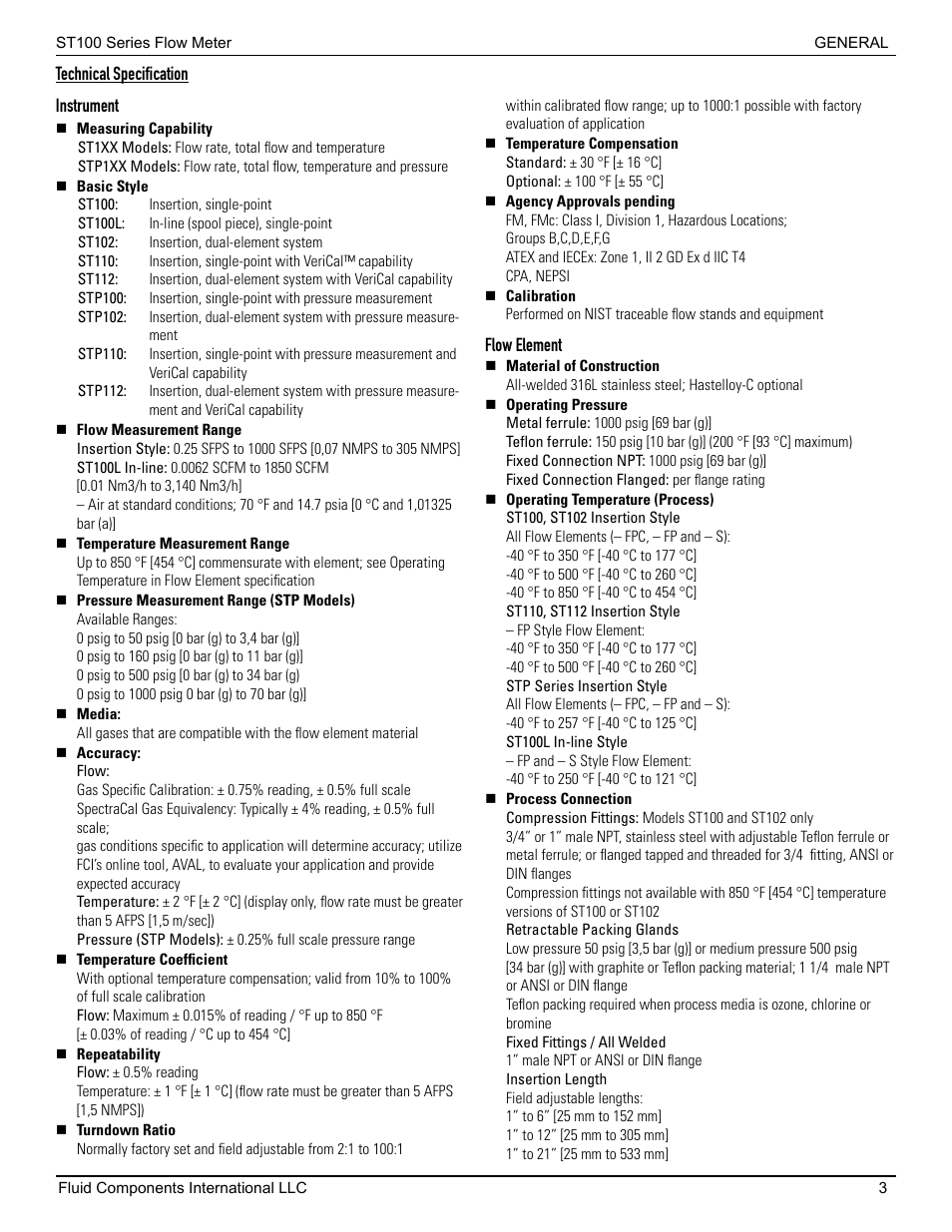 Technical specification | Fluid Components International ST100 Series User Manual | Page 7 / 64