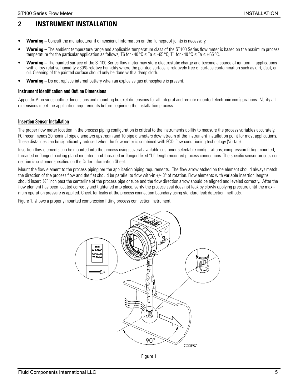 2 instrument installation, Instrument identification and outline dimensions, Insertion sensor installation | 2instrument installation | Fluid Components International ST100 Series User Manual | Page 9 / 64