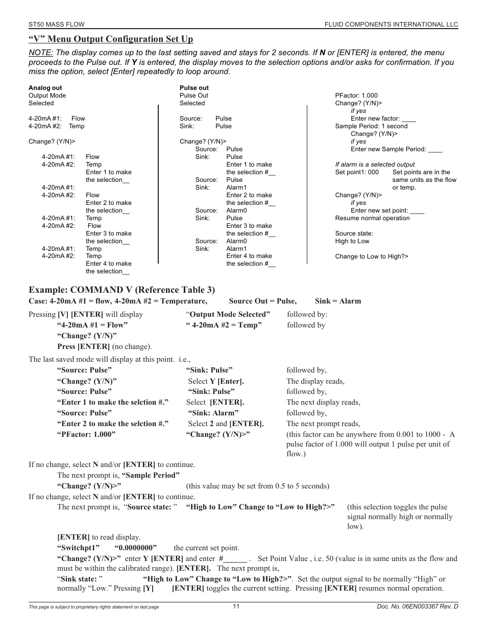 V" menu output configuration set up, Example: command v (reference table 3), V” menu output configuration set up | Fluid Components International ST50 User Manual | Page 11 / 36