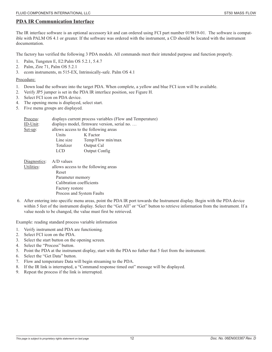 Pda ir communication interface | Fluid Components International ST50 User Manual | Page 12 / 36