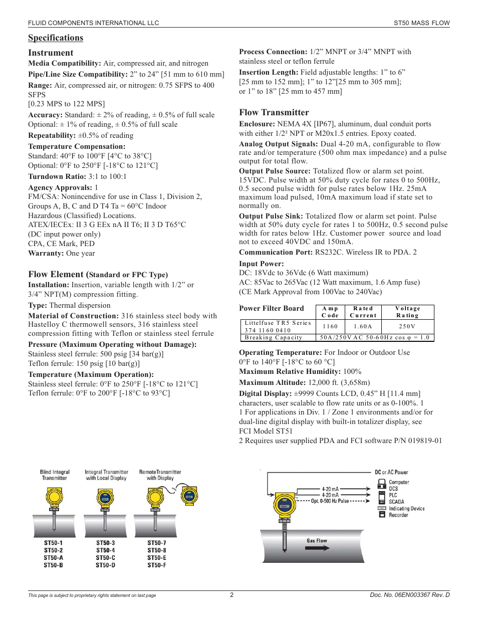 Specifications, Specifications instrument, Flow element | Flow transmitter | Fluid Components International ST50 User Manual | Page 2 / 36
