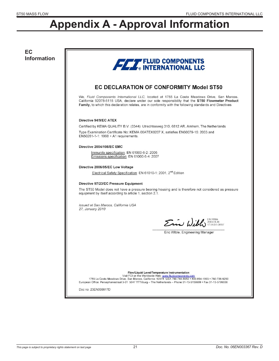 Appendix a - approval information | Fluid Components International ST50 User Manual | Page 21 / 36